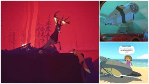 A stag and fox in a red forest, a submarine underwater, and a child with a beached whale cartoon inspire scenes perfect for eco-themed games.