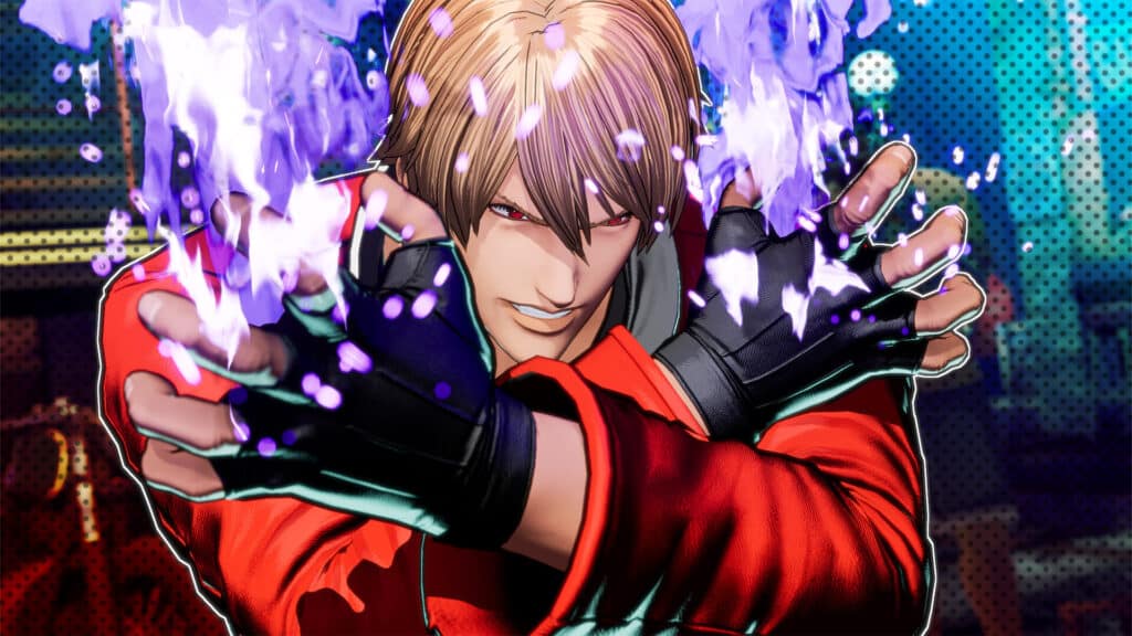 Anime-style character in red, summoning purple energy flames with gloved hands and an intense expression—channeling the fierce vibe of a Fatal Fury: City of the Wolves.