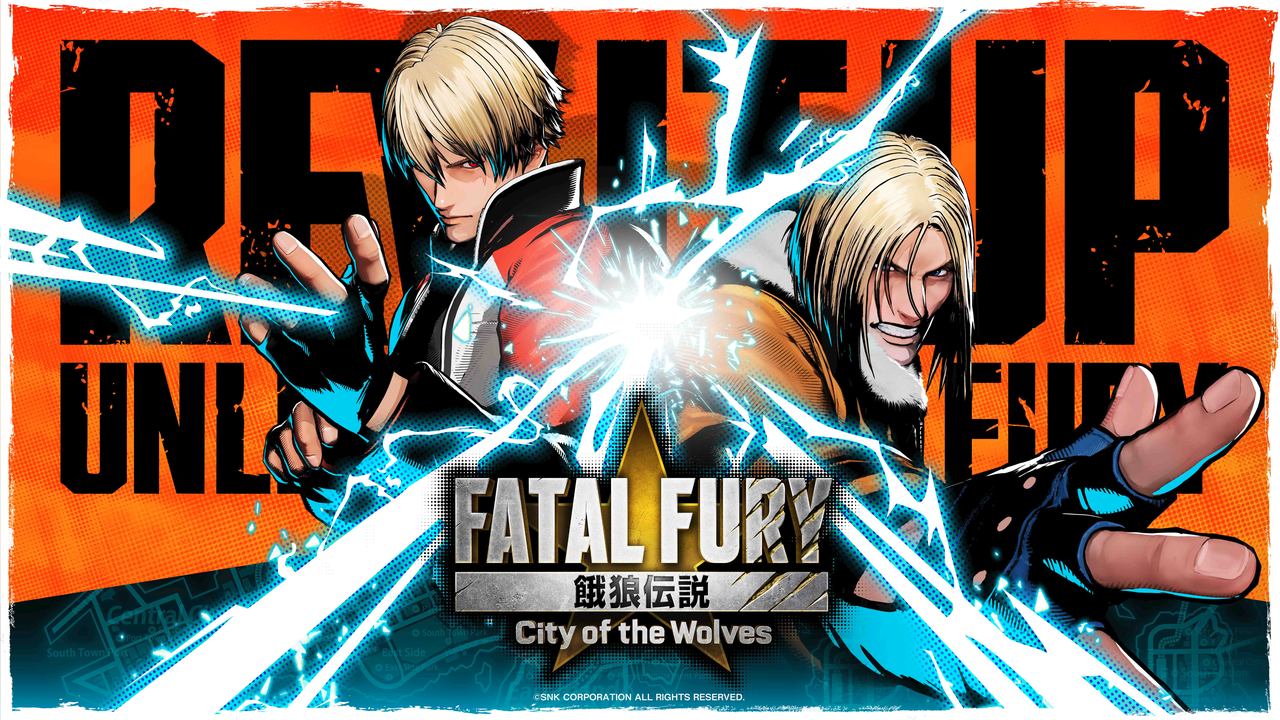 Two anime-style fighters pose with lightning effects and the bold "Fatal Fury: City of the Wolves" title, setting an electrifying scene perfect for a Fatal Fury: City of the Wolves review.