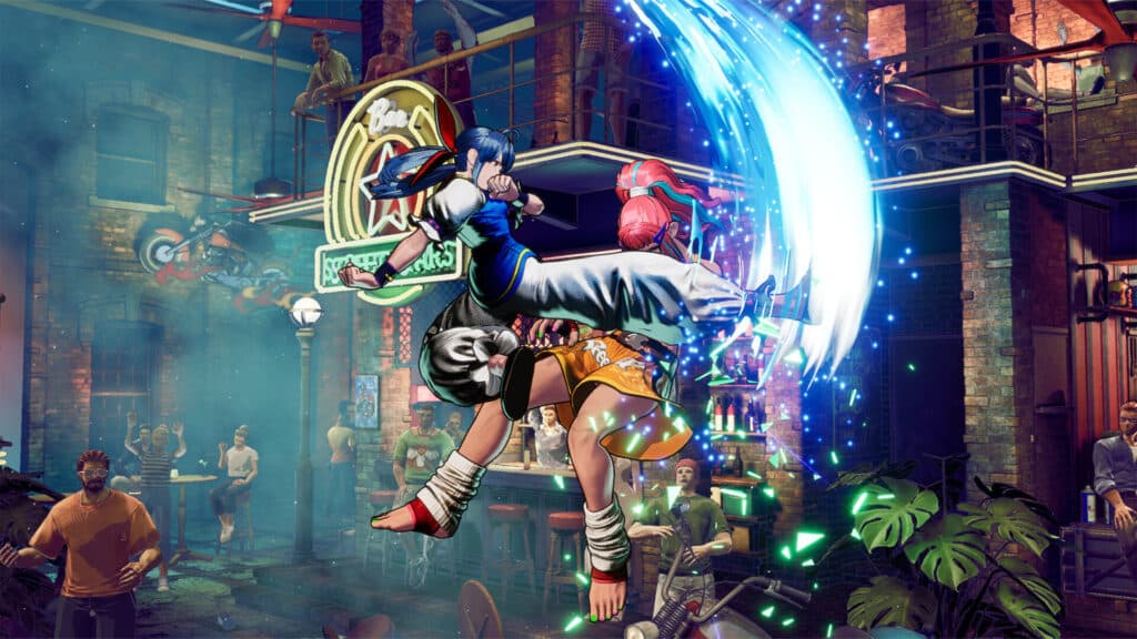 A martial artist lands a dramatic flying kick on an opponent in a vibrant, neon-lit bar scene, reminiscent of the pulse-pounding action seen in a Fatal Fury: City of the Wolves review.