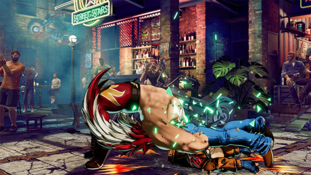 Two animated fighters clash in a lively urban street scene as bystanders watch and neon signs glow—perfect for any Fatal Fury: City of the Wolves review.