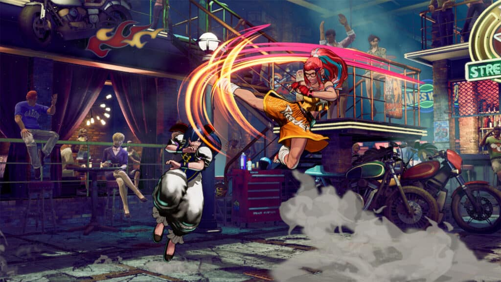 A woman in orange kicks another fighter in an arcade-themed street fighting scene reminiscent of a Fatal Fury: City of the Wolves review.
