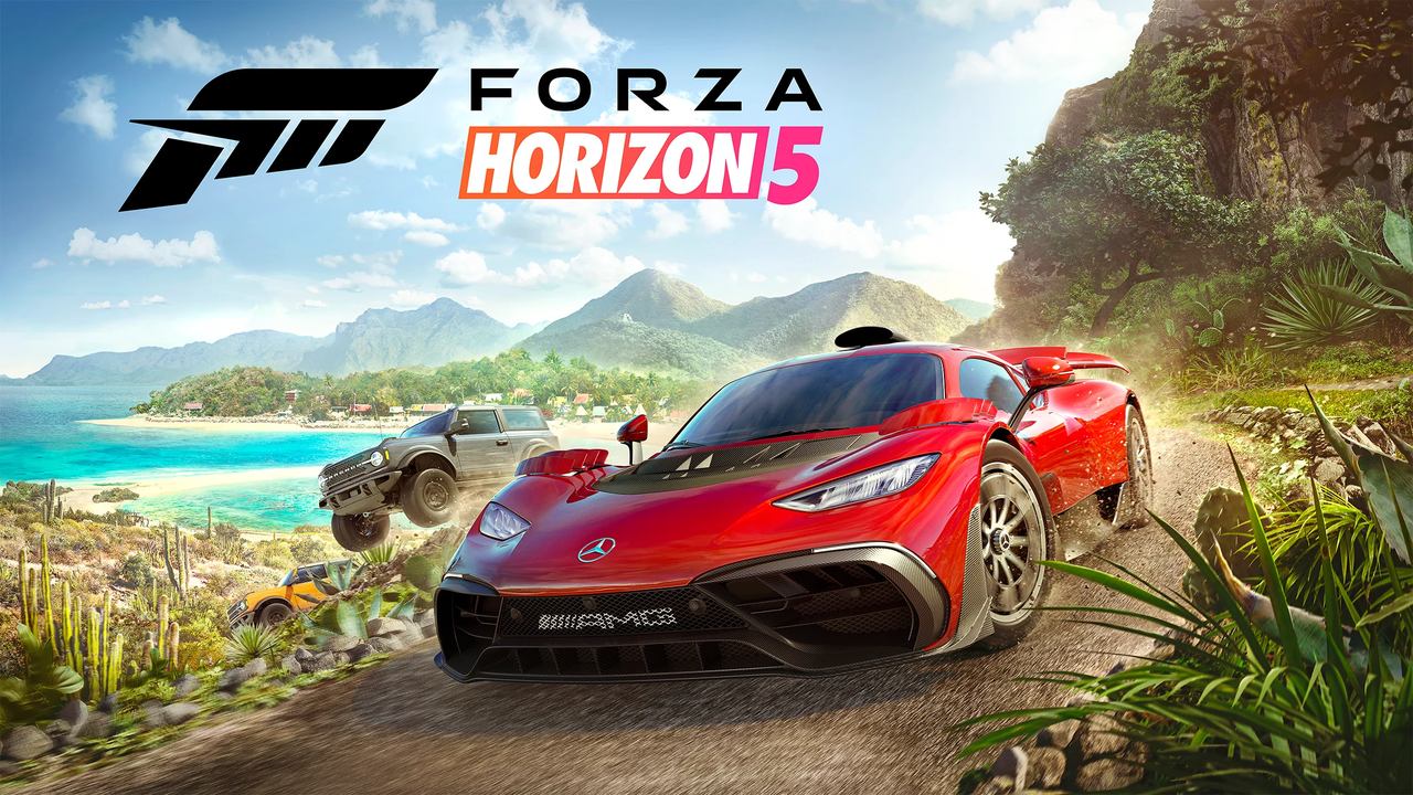 A red sports car speeds on a dirt road as a rugged SUV follows. Text reads "Forza Horizon 5 PS5.
