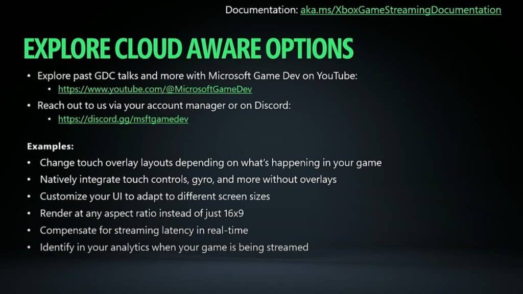 Slide titled “Explore Cloud Aware Options” with bullet points about Microsoft Game Dev streaming features, Xbox Cloud Gaming UI scaling, and helpful links.