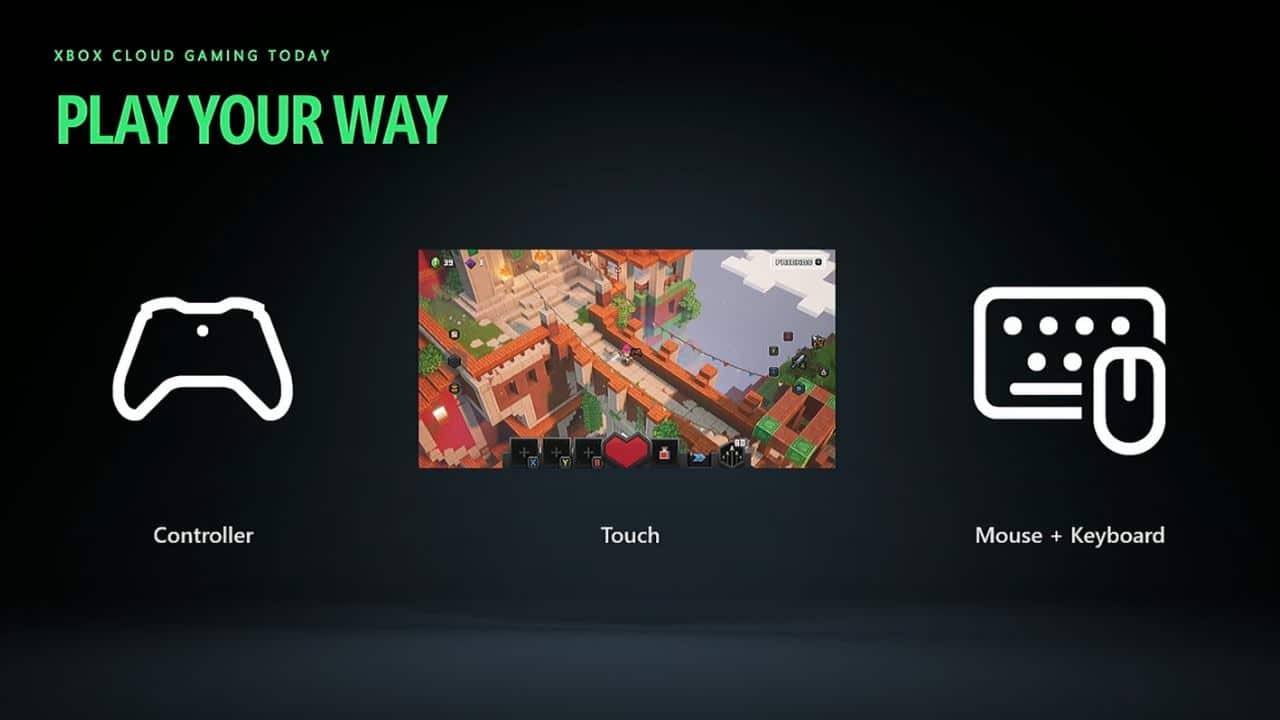 Xbox Cloud Gaming: Play using a controller, touch, or mouse and keyboard, with Minecraft shown on screen.