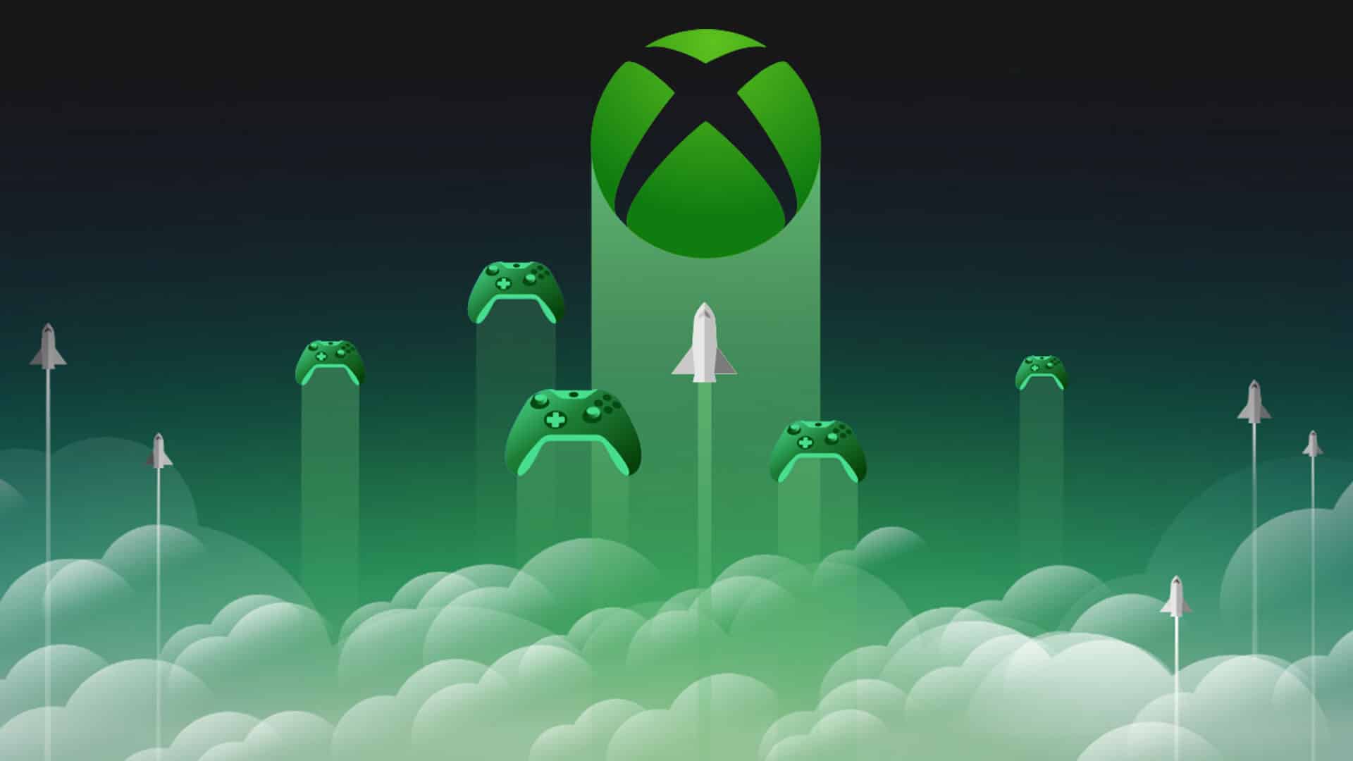 Green Xbox controllers and rockets soar above clouds toward a large Xbox logo in the sky, symbolizing the speed and low Xbox Cloud Gaming latency for seamless play anywhere.