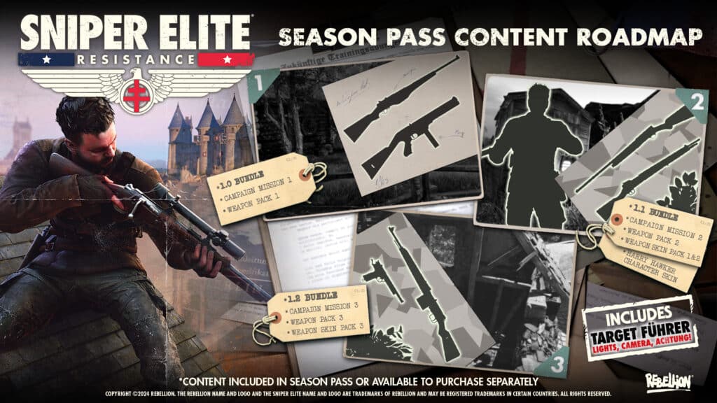 Sniper Elite Resistance season pass roadmap with character, weapon, and mission content shown in labelled boxes.
