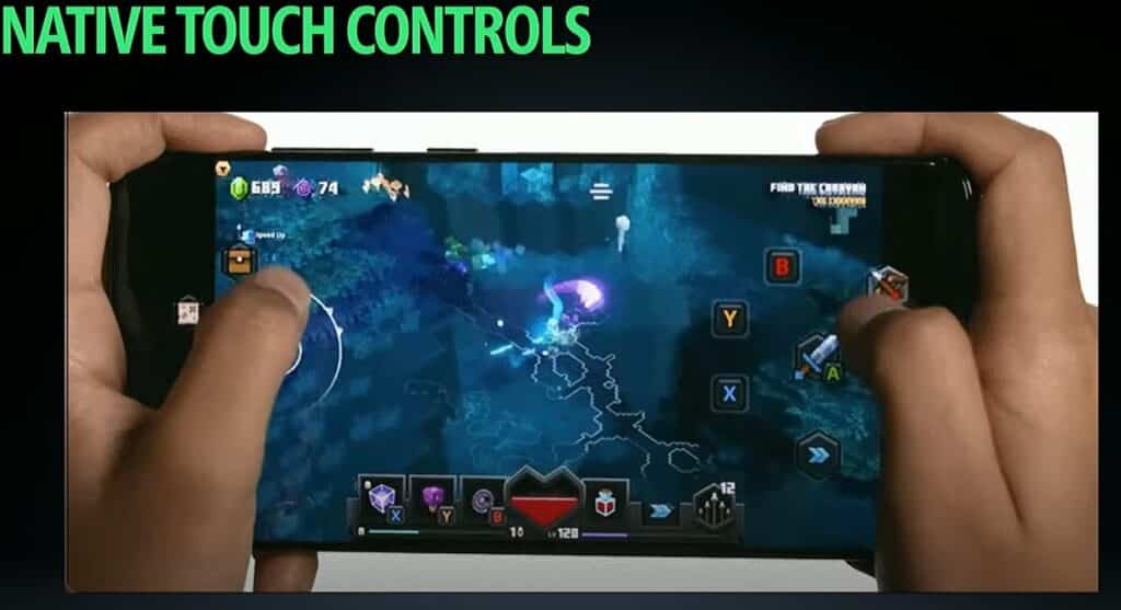 Hands holding a smartphone playing a game with on-screen controls, displaying "NATIVE TOUCH CONTROLS" text.