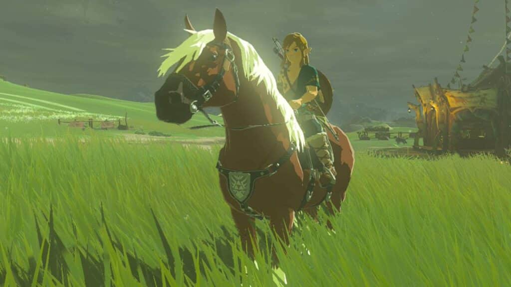 Link rides Epona through a grassy field under a cloudy sky, embodying the spirit of adventure found in the best video game pets.
