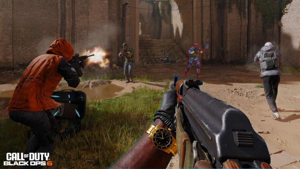Four armed characters engage in a firefight in a ruined, overgrown building in Call of Duty: Black Ops 6, where Xbox Cloud Gaming latency can impact every split-second decision.