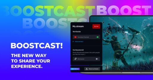 BOOSTCAST! screen with streaming options and a video game scene on a laptop, vibrant colorful background.