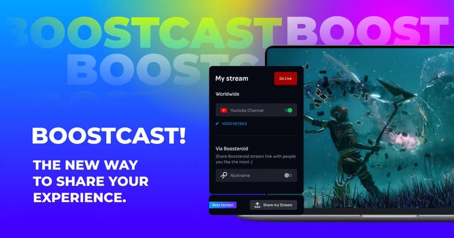 BOOSTCAST! screen with streaming options and a video game scene on a laptop, vibrant colorful background.
