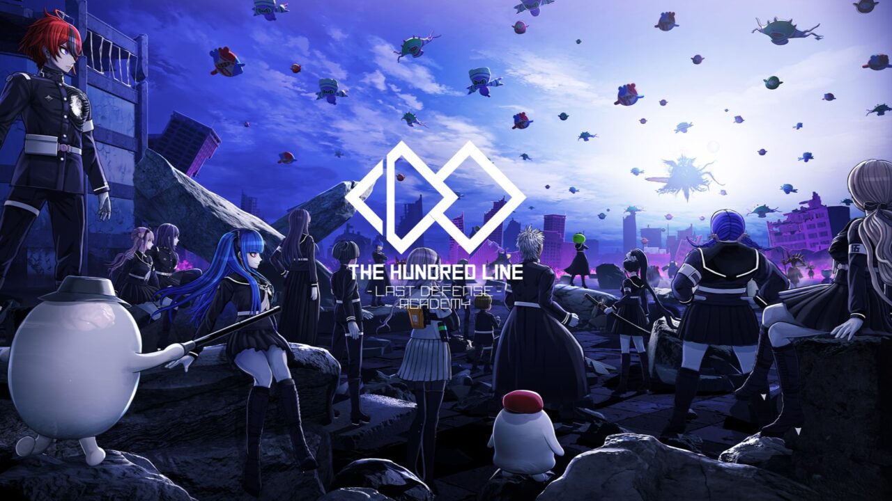 Anime characters stand ready for battle in a ruined city as robotic creatures invade from the sky, creating an intense scene reminiscent of a Last Defense Academy review.