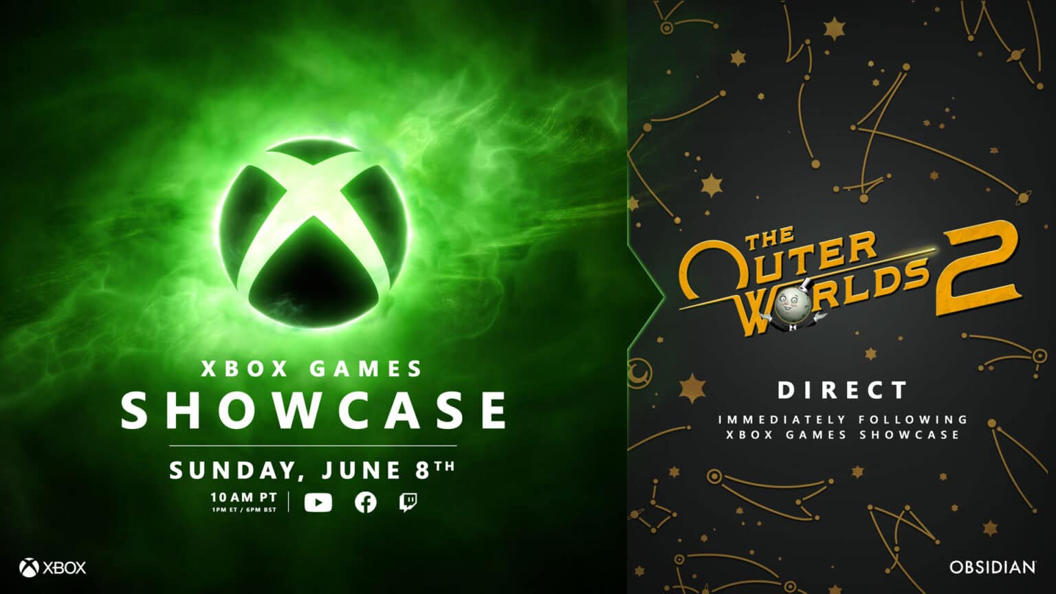 Xbox Games Showcase on June 8th, followed by The Outer Worlds 2 Direct, with streaming platform icons.