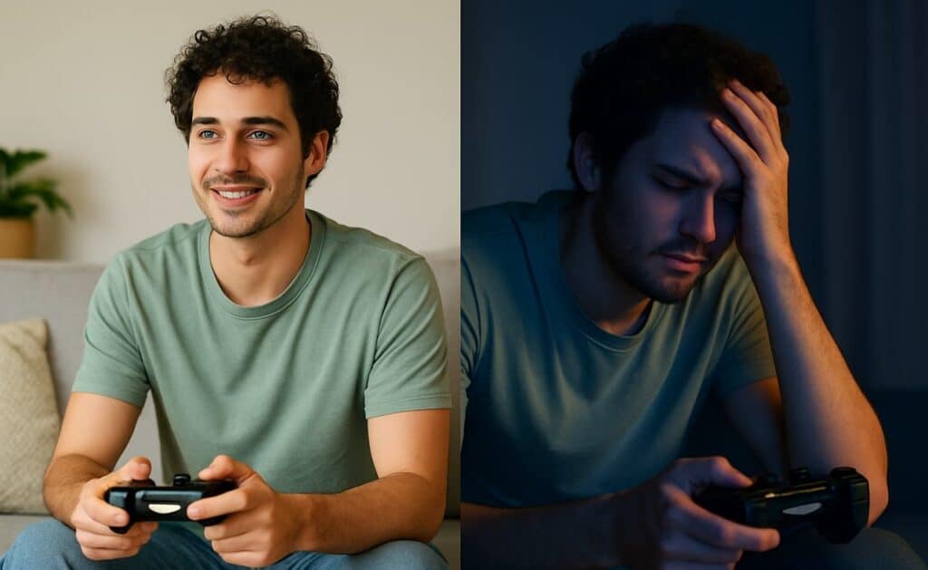 Split image: Man happily playing video games on left, looking frustrated with hand on forehead on right—showing the impact of gaming with and without the GameRx wellness gaming platform.