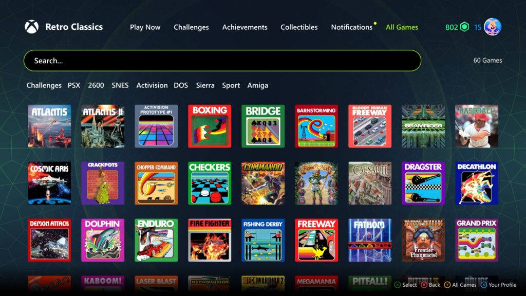 A retro video game library screen displaying colourful classic game covers in a grid layout.