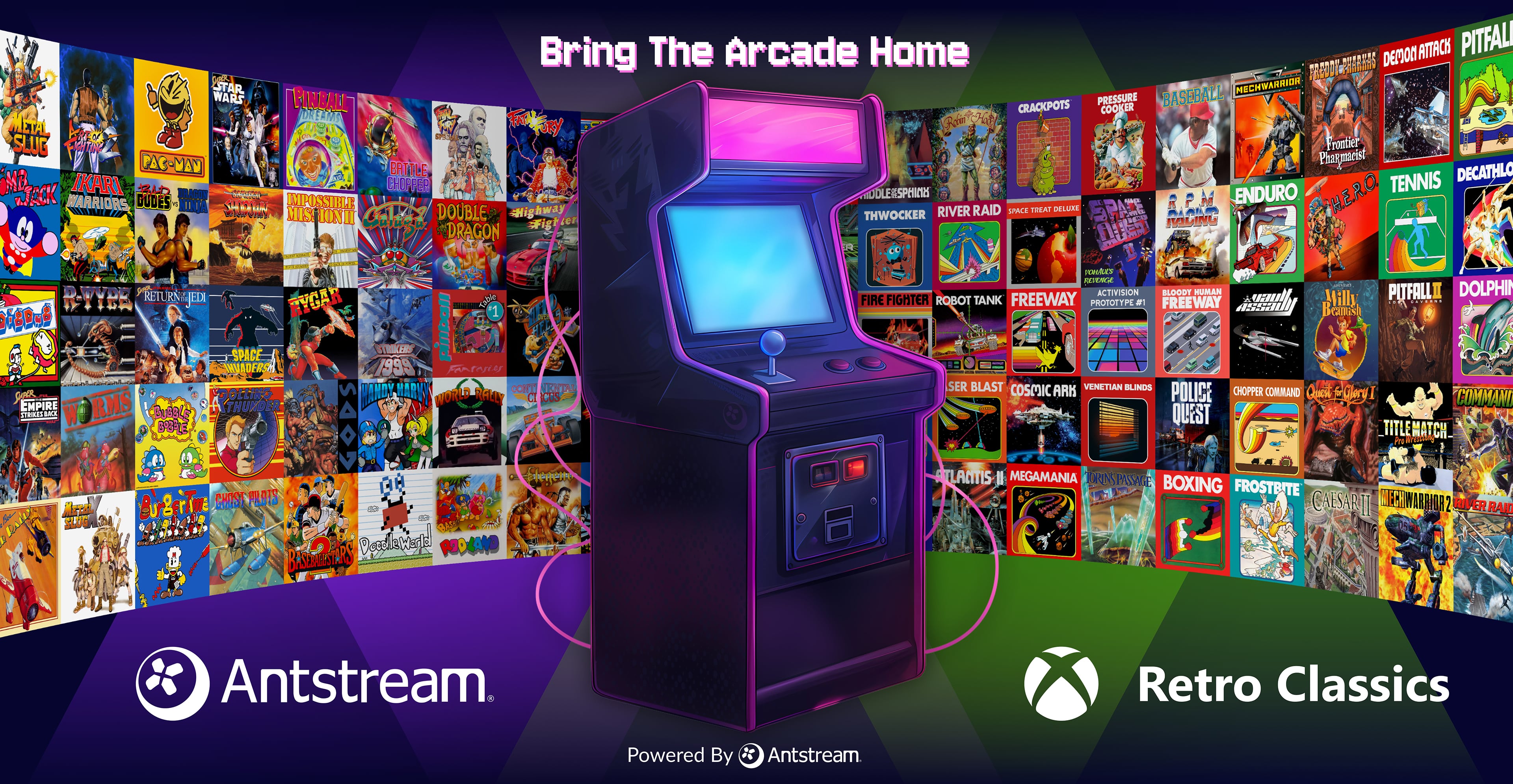 A retro arcade machine surrounded by classic game covers with Antstream and Xbox Retro Classics logos.