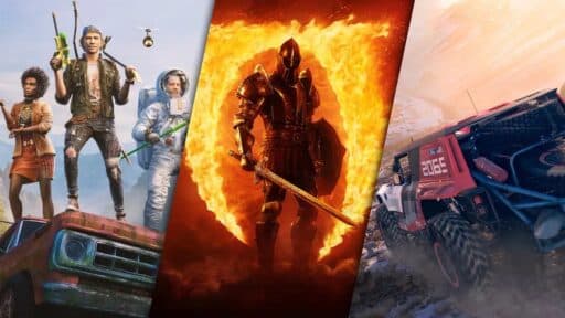 Three scenes: people with weapons, a fiery armored knight, and an off-road race car speeding on rugged terrain—experience the action in one of the PS5 most downloaded games April 2025.