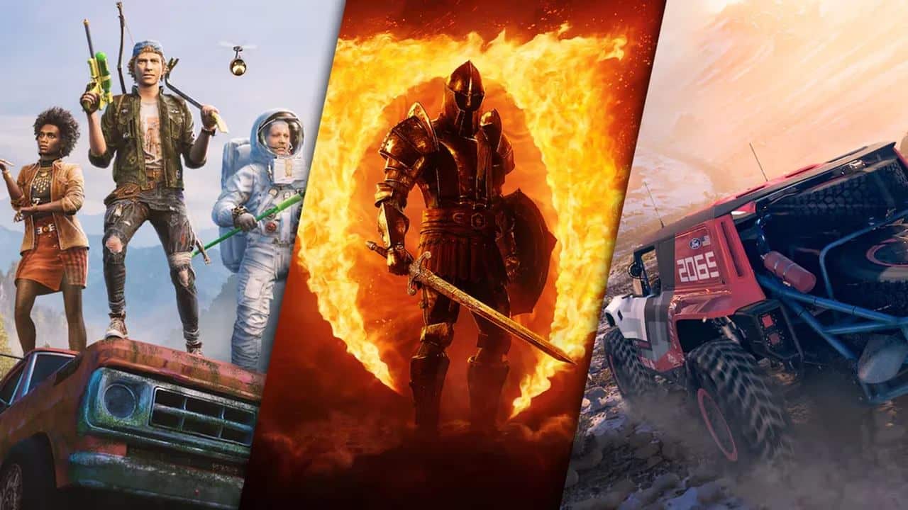 Three scenes: people with weapons, a fiery armored knight, and an off-road race car speeding on rugged terrain—experience the action in one of the PS5 most downloaded games April 2025.