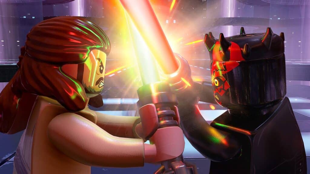 Two LEGO characters fiercely duel with glowing lightsabers in a sci-fi setting, capturing the excitement of the best Star Wars games to play on May the 4th.