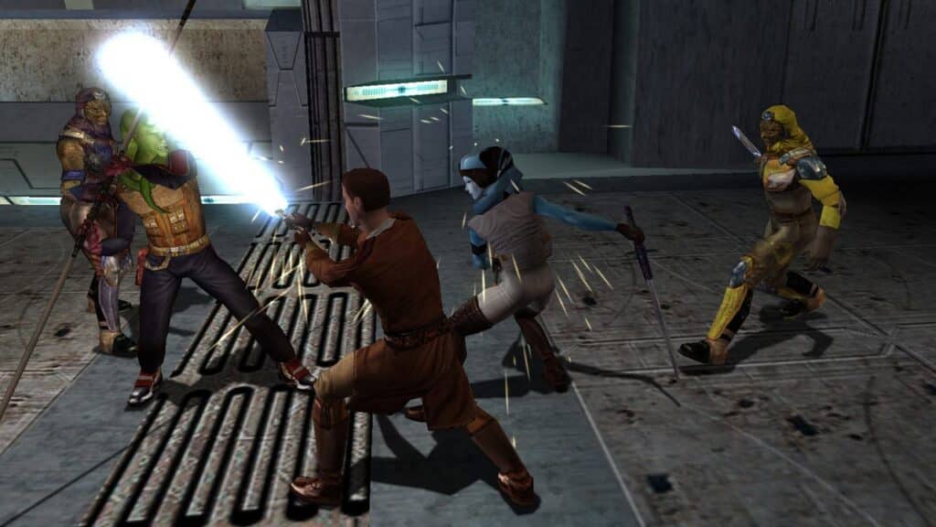 Four characters in combat, one wielding a blue lightsaber, clash in a sci-fi, futuristic setting—perfect inspiration for the best Star Wars games to play on May the 4th.
