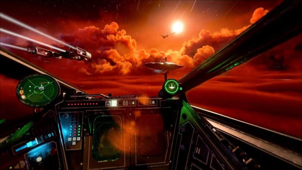 Cockpit view of a spaceship flying through red clouds, with other ships and a bright sun in the distance—a scene reminiscent of epic space battles from the best Star Wars games to play on May the 4th.