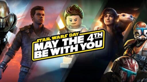 Star Wars characters and a "May the 4th Be With You" banner set the scene for Star Wars Day, inspiring fans to check out the best Star Wars games to play on May the 4th.