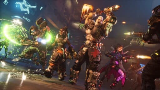 Four heavily armed futuristic characters battle enemies in a neon-lit, industrial sci-fi setting with bright effects, reminiscent of the action-packed style seen in Borderlands 4 PAX East 2025 reveals.