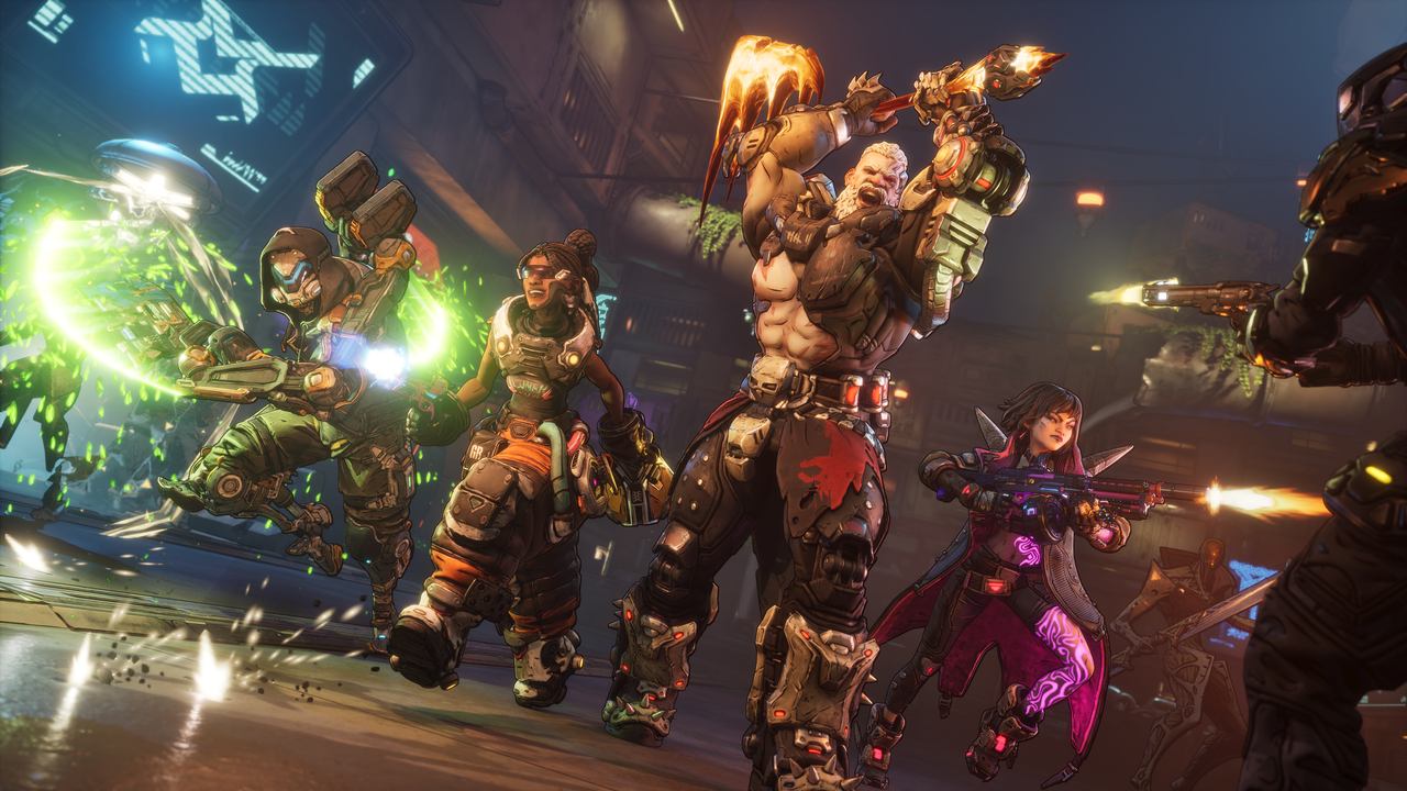 Four heavily armed futuristic characters battle enemies in a neon-lit, industrial sci-fi setting with bright effects, reminiscent of the action-packed style seen in Borderlands 4 PAX East 2025 reveals.