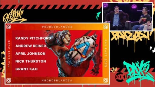 Catch the Borderlands 4 PAX East 2025 panel featuring vibrant game art, speaker names, and a lively on-stage discussion between two guests.