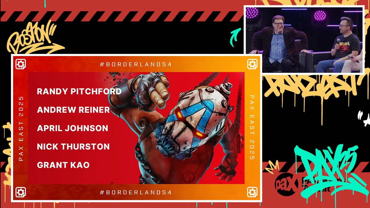 Catch the Borderlands 4 PAX East 2025 panel featuring vibrant game art, speaker names, and a lively on-stage discussion between two guests.