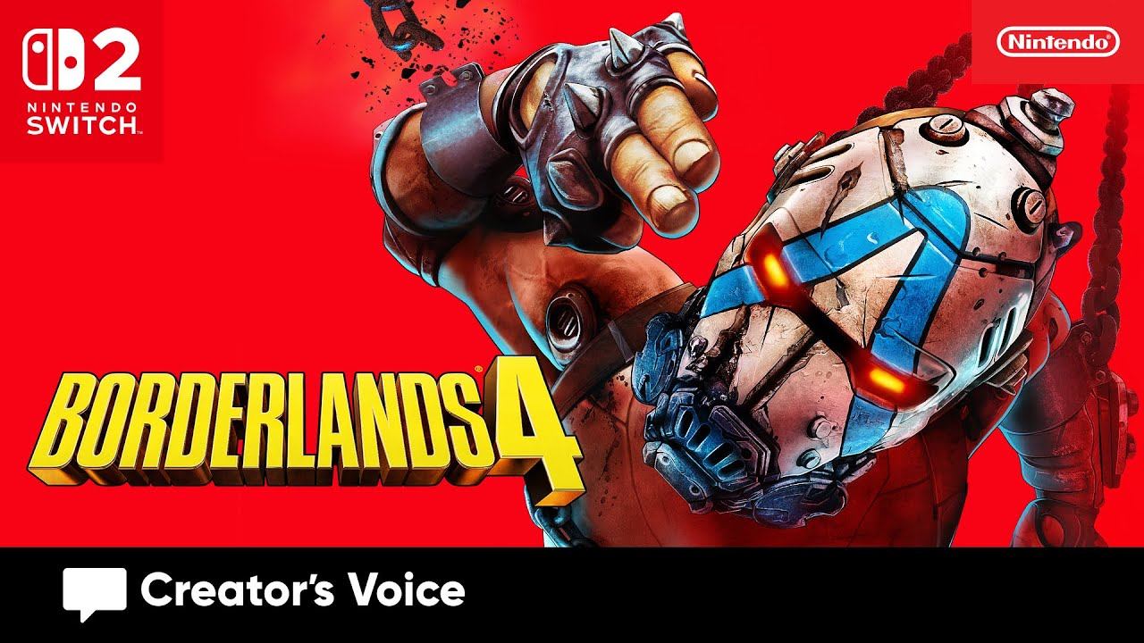 A masked character with a blue X points forward on a red "Borderlands 4" Nintendo Switch 2 game cover.