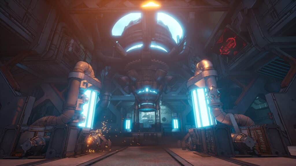 Futuristic industrial facility with glowing blue machines and sparks flying from equipment on the left side, reminiscent of a scene from Borderlands 4 on Nintendo Switch 2.