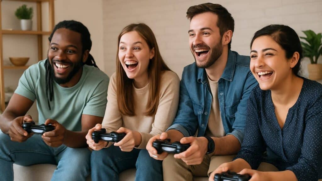 Four friends smiling and playing video games together with controllers, sitting on a couch indoors, enjoying the fun and connection inspired by the GameRx wellness gaming platform.