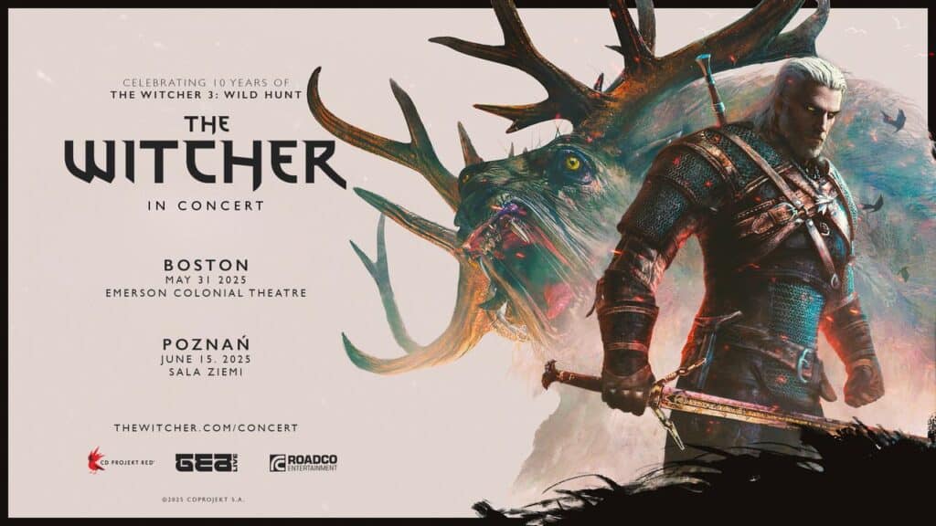 Poster for "The Witcher: Wild Hunt" concert, celebrating The Witcher 3 anniversary, featuring Geralt holding a sword and a stag-like creature behind him.