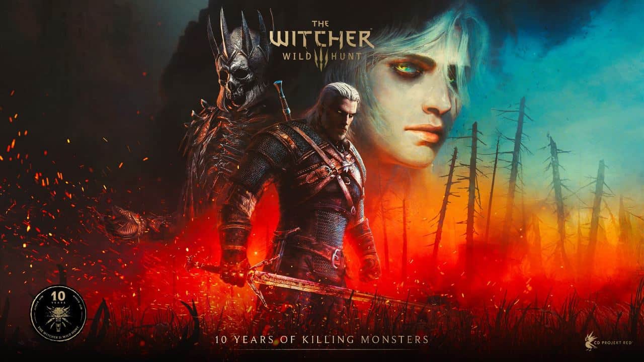 Geralt from The Witcher stands with sword drawn against spectral figures and a burning forest, capturing the intensity of The Witcher 3 anniversary celebration.
