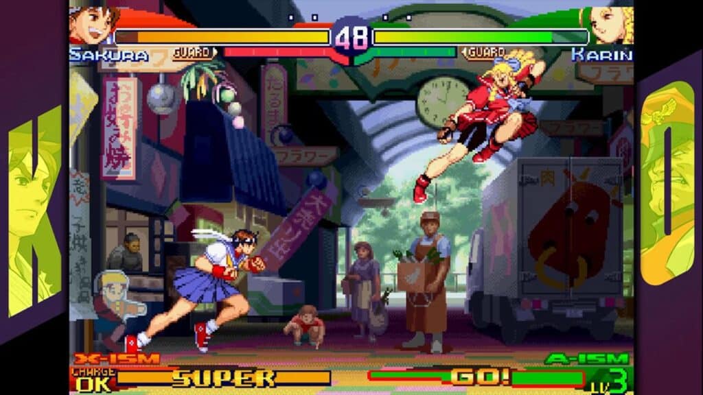 Two anime-style characters battle in a colorful street market scene, reminiscent of classic arcade vibes—perfect for fans longing for the energy of Capcom Fighting Collection 2.
