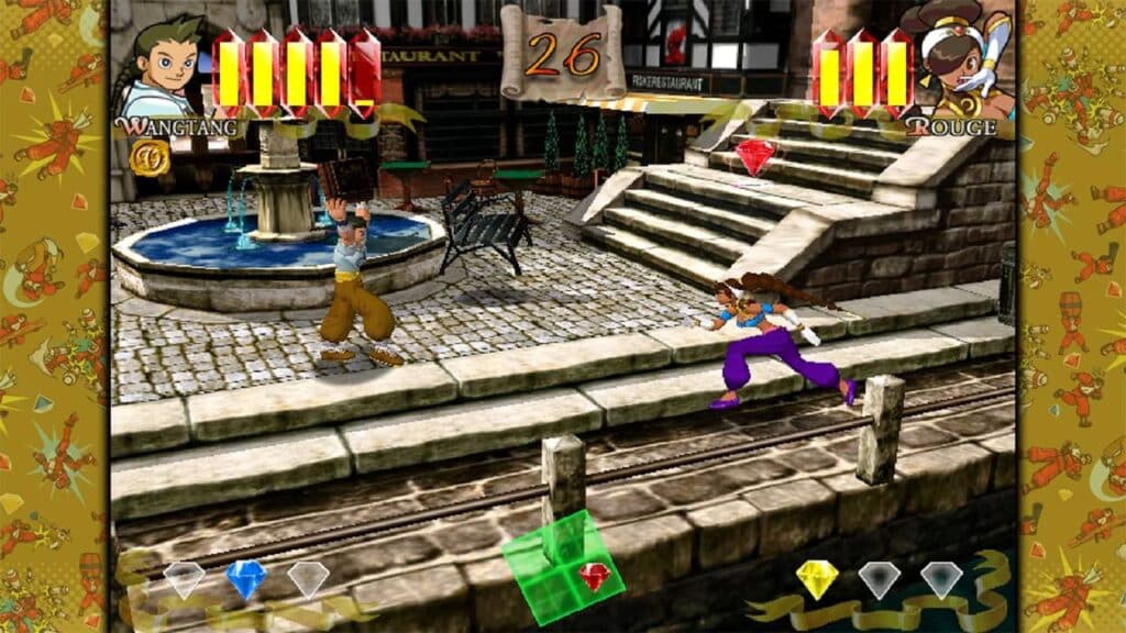 Two animated characters battle in a vibrant, cobblestone plaza, collecting colorful gems in this thrilling Capcom Fighting Collection 2 experience.