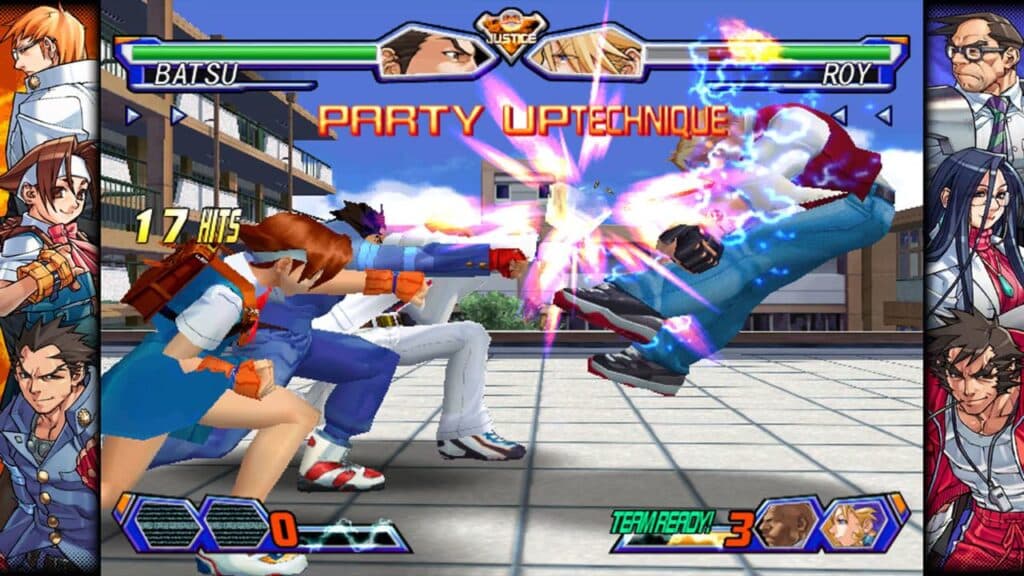 Three anime-style characters battle in a vibrant video game scene, "PARTY UP TECHNIQUE" on screen—a dynamic moment inspired by Capcom Fighting Collection 2.