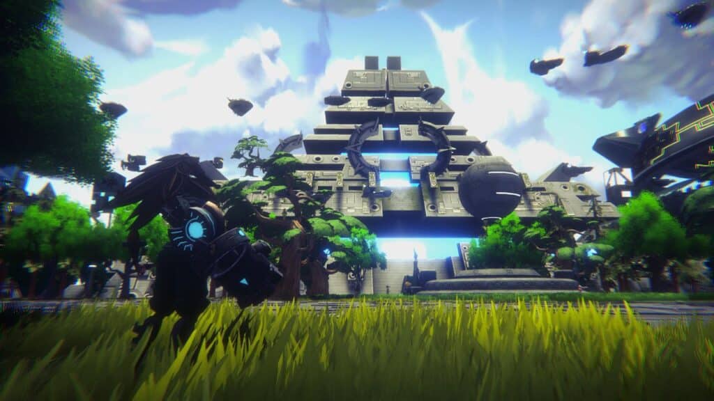 A futuristic character faces a glowing, mechanical pyramid amid flying ships and lush greenery, as if stepping into one of the most imaginative Cinco de Mayo video games ever created.