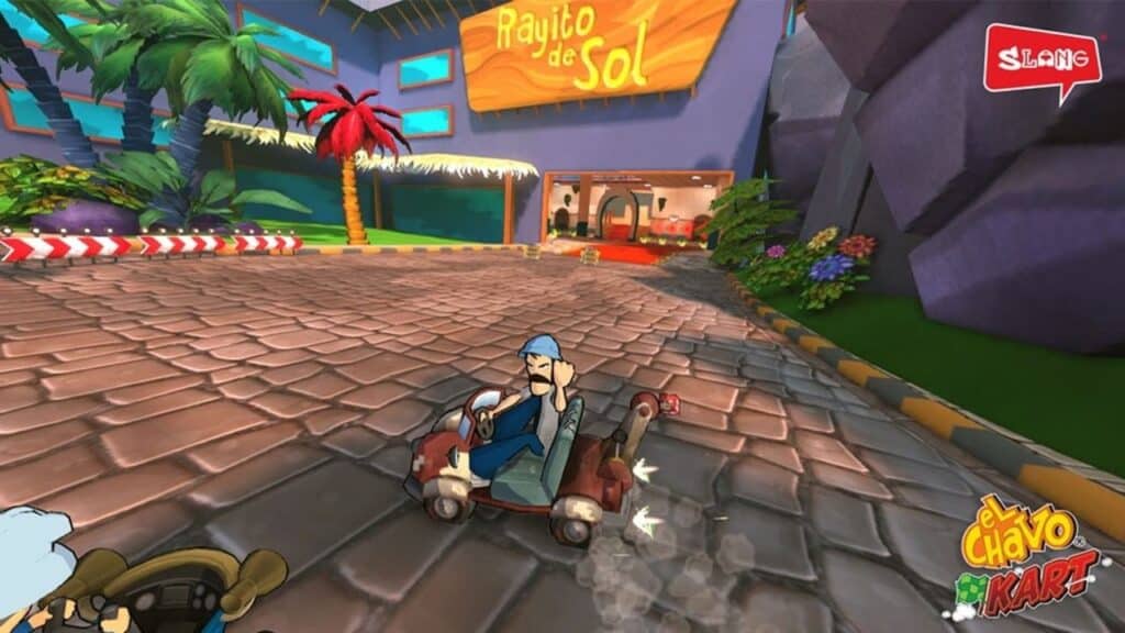 Cartoon character drives a go-kart near a hotel entrance with a "Rayito de Sol" sign above the door, in a lively scene inspired by Cinco de Mayo video games.