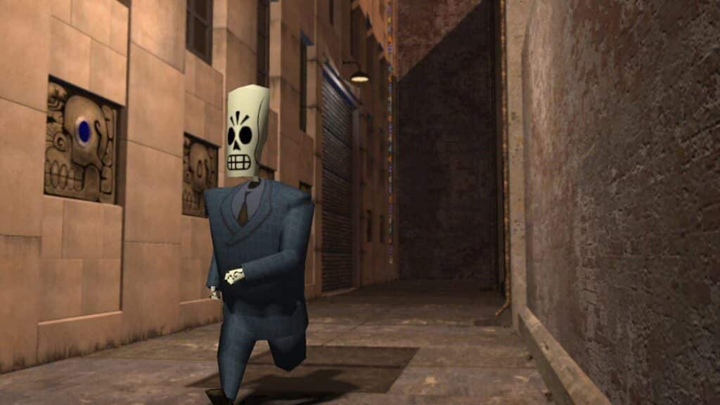 A skeleton in a suit, inspired by Cinco de Mayo video games, sprints down a narrow, dimly lit alley lined with stone walls and decorative skull carvings.
