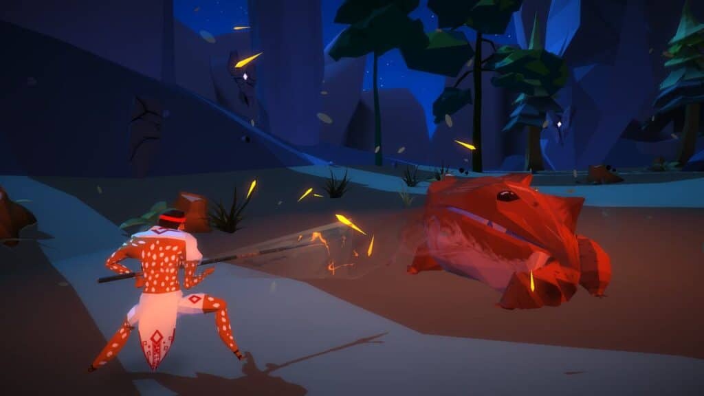 A character with a spear faces a large red creature at night in a stylized, low-poly landscape inspired by the vibrant flair of Cinco de Mayo video games.