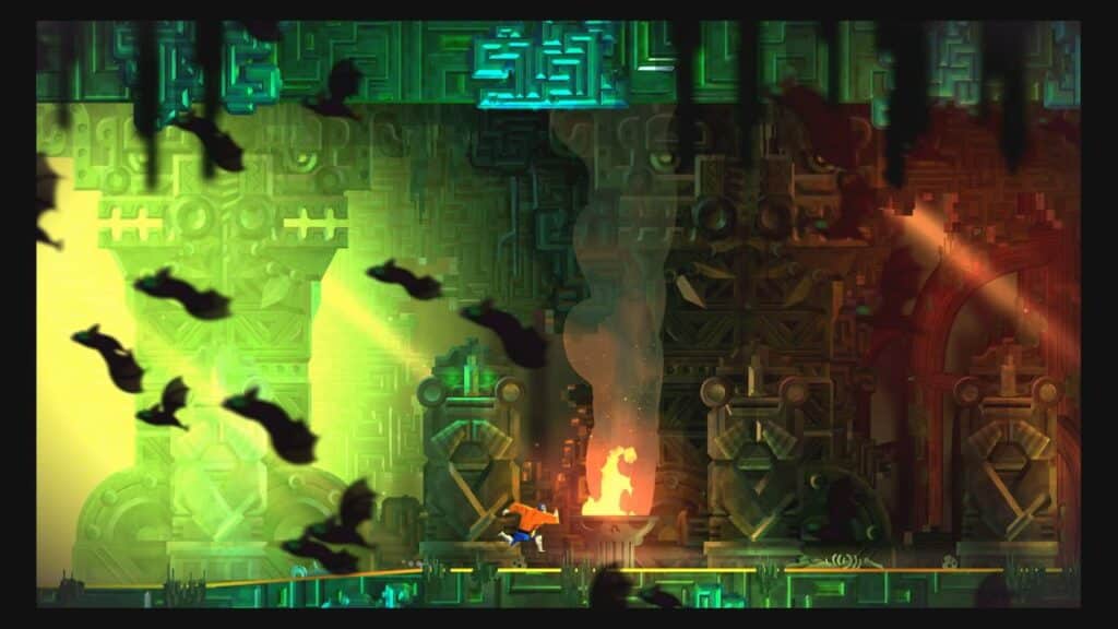 A masked character runs past a fire and stone wall as black bats fly across a glowing, ancient temple in this thrilling Cinco de Mayo video game adventure.