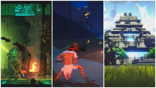 A collage of three vibrant video game scenes featuring temples, a warrior, and lush landscapes inspired by Cinco de Mayo video games.