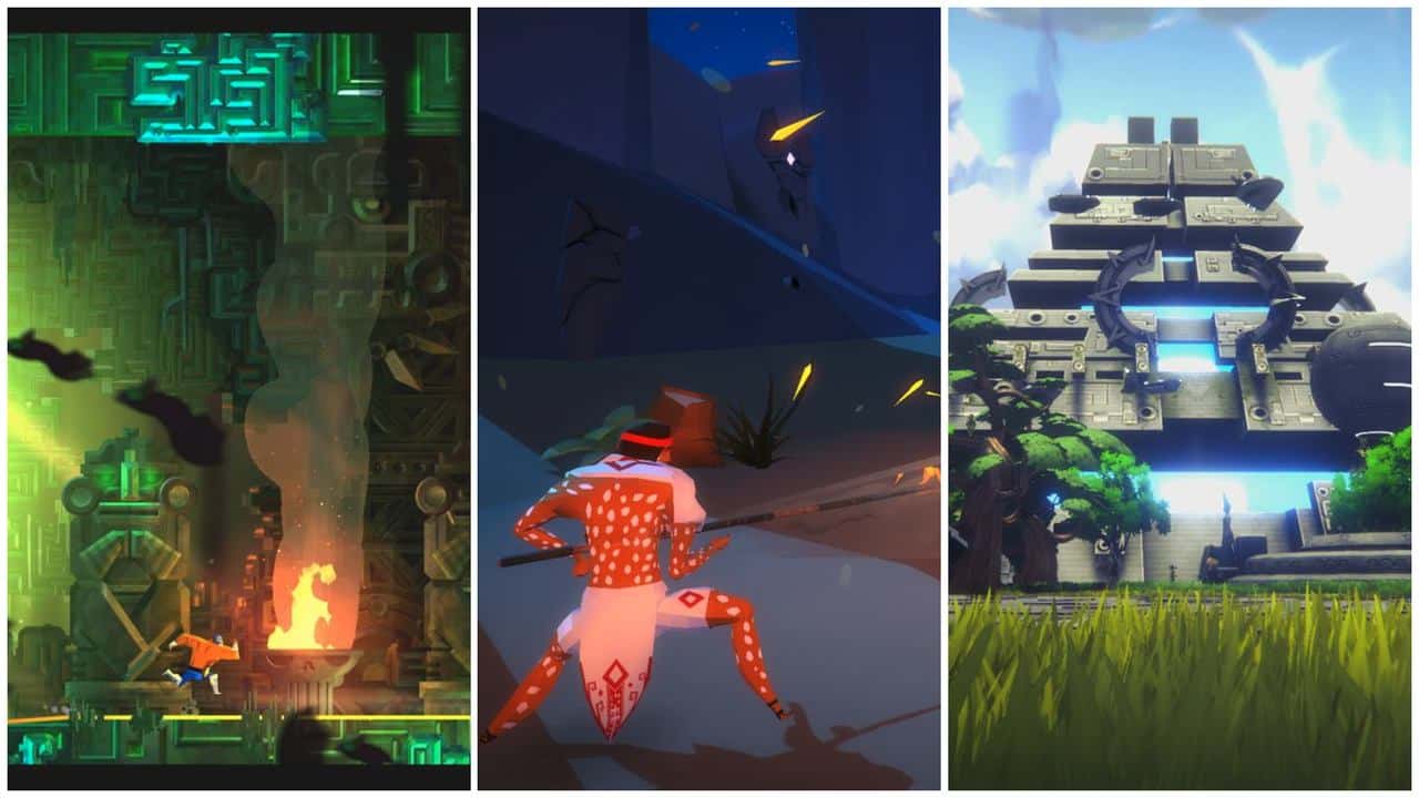 A collage of three vibrant video game scenes featuring temples, a warrior, and lush landscapes inspired by Cinco de Mayo video games.