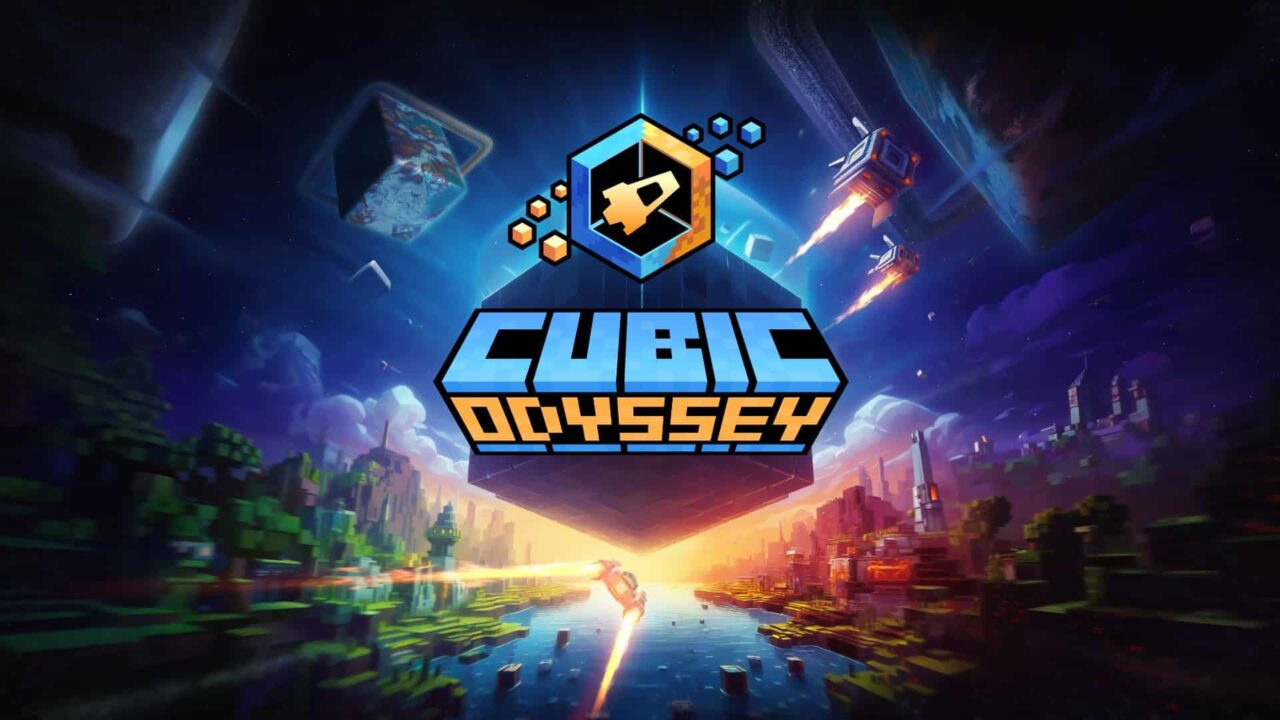A glowing "Cubic Odyssey" logo floats above a pixelated, futuristic landscape with flying vehicles, setting the perfect scene for an epic cubic odyssey game review.