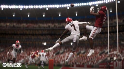 Two college football players leap to catch a pass in the end zone, capturing the electrifying action seen in the College Football 26 trailer during an intense game.