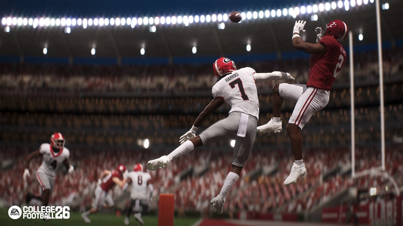 Two college football players leap to catch a pass in the end zone, capturing the electrifying action seen in the College Football 26 trailer during an intense game.