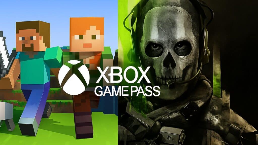 Xbox Game Pass logo over Minecraft characters and a soldier from Call of Duty: Modern Warfare, highlighting the titles that contributed to Xbox Q3 FY25 gaming revenue.